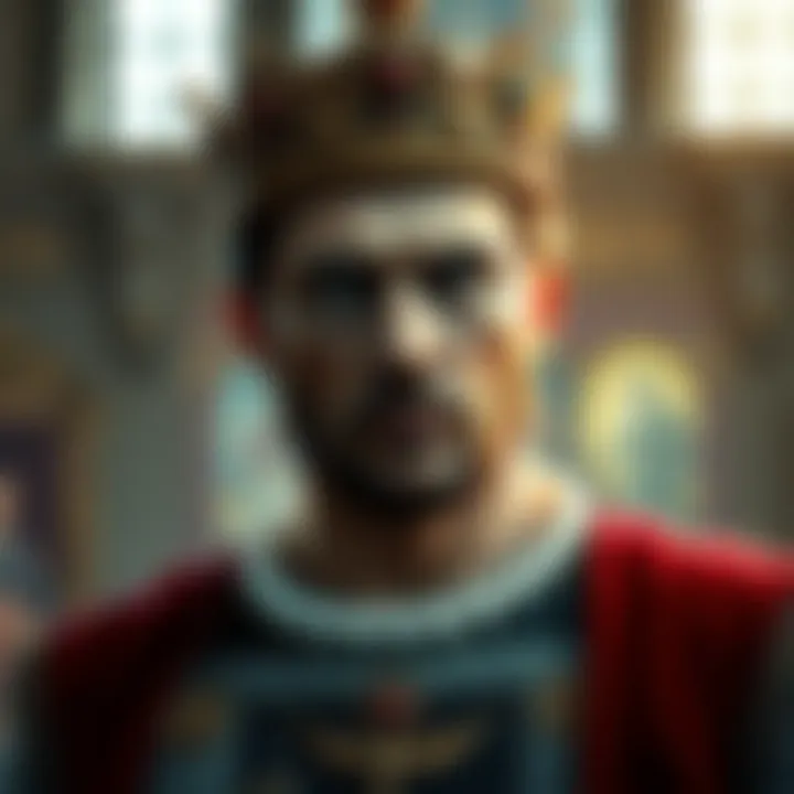 The king stands with a thoughtful look, contemplating his past decisions and future actions, in a regal setting with a hint of tension in the air.