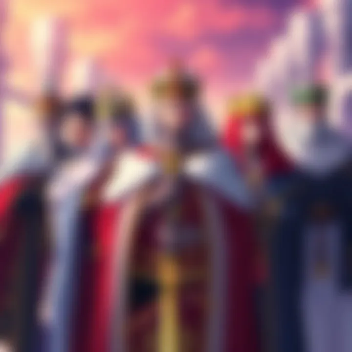 Kings from Reverie Arc A group of notable kings from the Reverie arc in anime, each wearing royal attire and showcasing unique features, standing together in a vibrant setting.