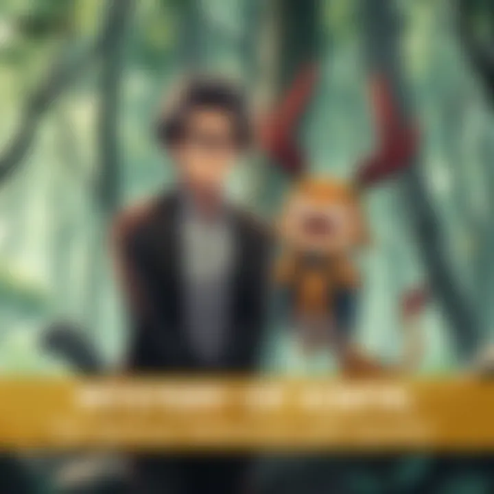 Kinta, a man with glasses and a unique aura, stands surprised as he meets Kamikiri, a yōkai with a playful expression, in a mystical forest setting.