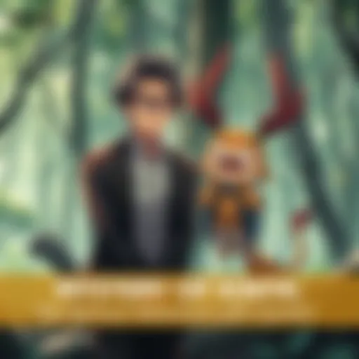 Kinta and Kamikiri Encounter Kinta, a man with glasses and a unique aura, stands surprised as he meets Kamikiri, a yōkai with a playful expression, in a mystical forest setting.