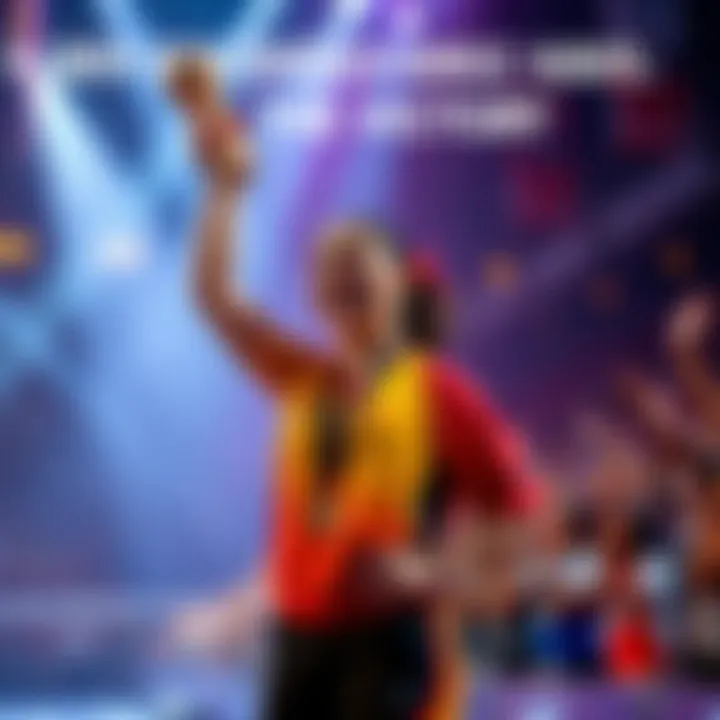Kira stands on stage with a trophy, smiling proudly after the competition, surrounded by cheering supporters.
