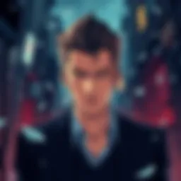 Illustration of Kira Yoshikage, a man with slicked-back hair, calm demeanor, and a subtle smile, standing in a dark alley with a hint of obsession in his eyes, surrounded by scattered bits of broken glass.