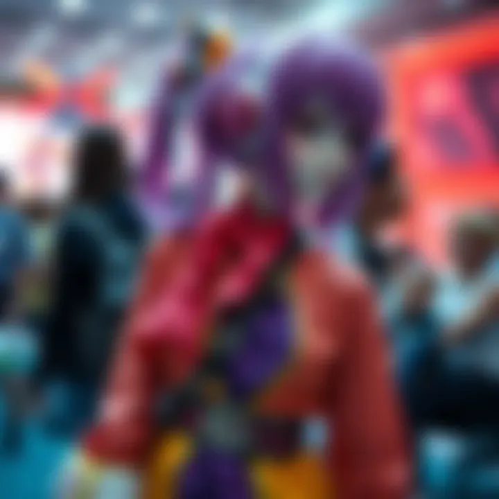 A person dressed as Kirara in a vibrant costume, featuring a distinctive Gucci belt, capturing the attention of fellow fans at a cosplay event.