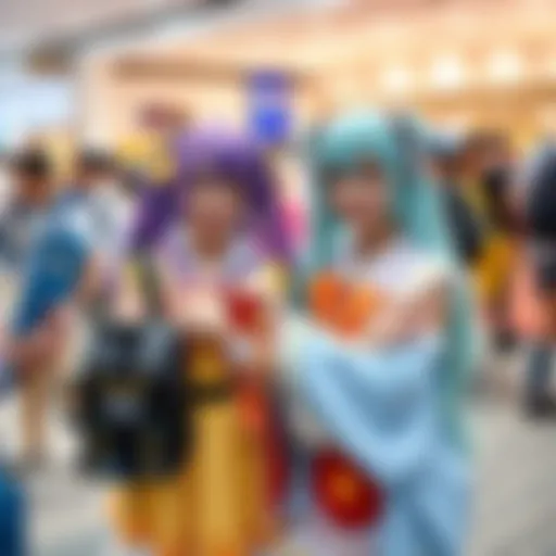 Kirara Hoshi and Hakari Kinji showcase their colorful cosplay designs together at an event, smiling and interacting with fans.