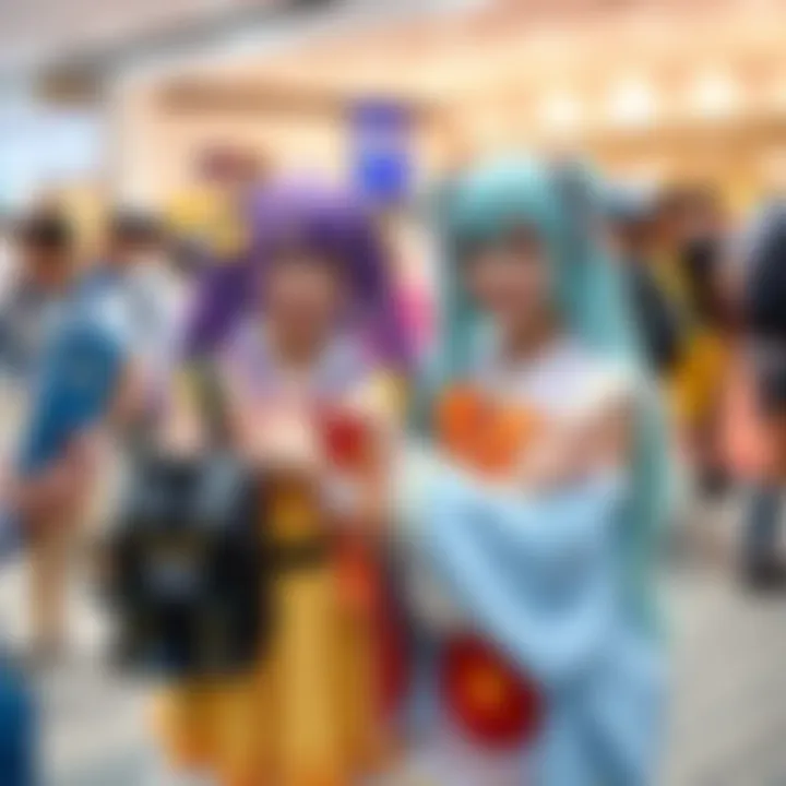 Kirara Hoshi and Hakari Kinji showcase their colorful cosplay designs together at an event, smiling and interacting with fans.