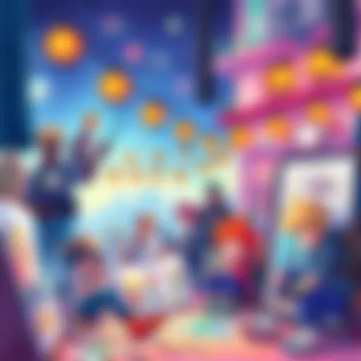 A vibrant digital artwork showcasing various Kiribaku creators and fans sharing their art, with a focus on community and creativity. The scene includes sketches, fan art, and colorful illustrations centered around Kiribaku characters, highlighting a safe space for all ages.
