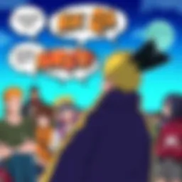 Illustration of a fan asking questions to Masashi Kishimoto about Naruto, with comic book style speech bubbles and Naruto characters in the background.