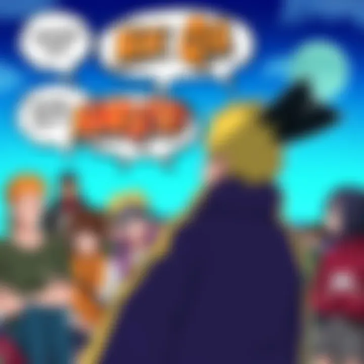 Illustration of a fan asking questions to Masashi Kishimoto about Naruto, with comic book style speech bubbles and Naruto characters in the background.