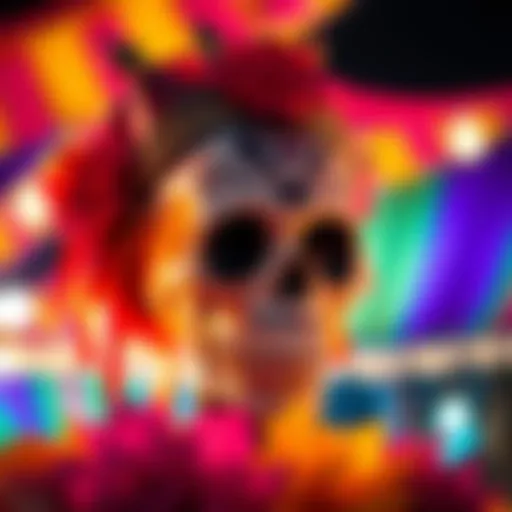 A close-up of a decorative skull from the Kisuna event, set against a vibrant background. The skull has intricate designs and is surrounded by festive elements to highlight the event's theme.