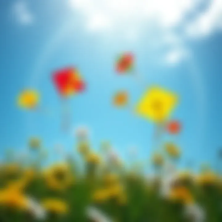 Kites Flying Among Dandelions Colorful kites soaring in a blue sky with dandelions scattered on the ground below.