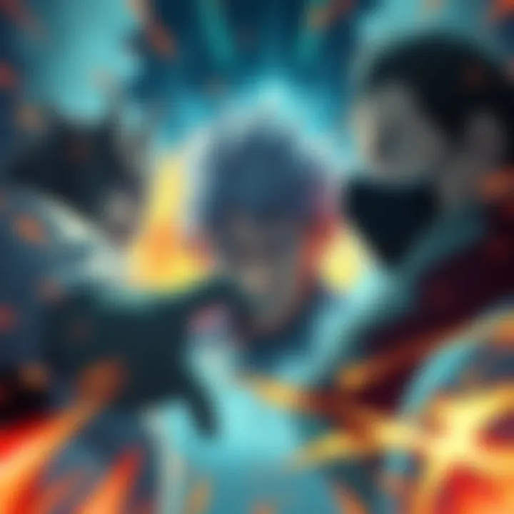 A dynamic scene showcasing powerful characters in Kizoku Tensei, highlighting their intense abilities and dramatic expressions during a confrontation.