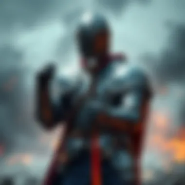 Knight in battle armor A knight in detailed battle armor stands ready, holding a sword, with a dramatic background of a battlefield.