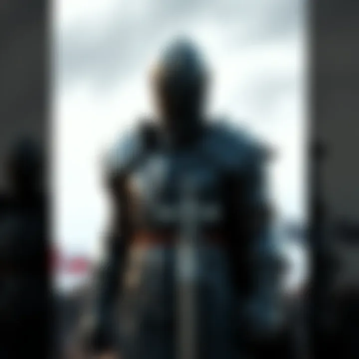 A knight wearing dark, heavy armor stands tall, exuding intimidation but with a serious expression, lacking any charm or approachability. The background is a simple battlefield setting.