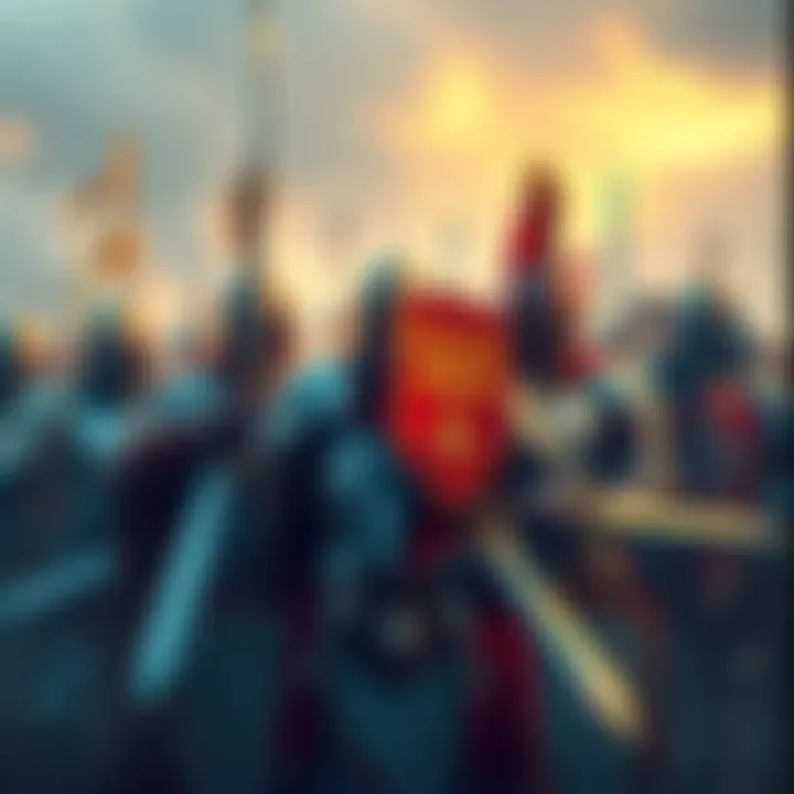 Group of knights in armor holding swords and shields, with a banner inviting people to join the Knightly Order.