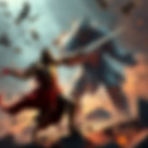 A knight in shining armor battles a giant with magical abilities, showcasing chivalry and adventure in a transformed reality.