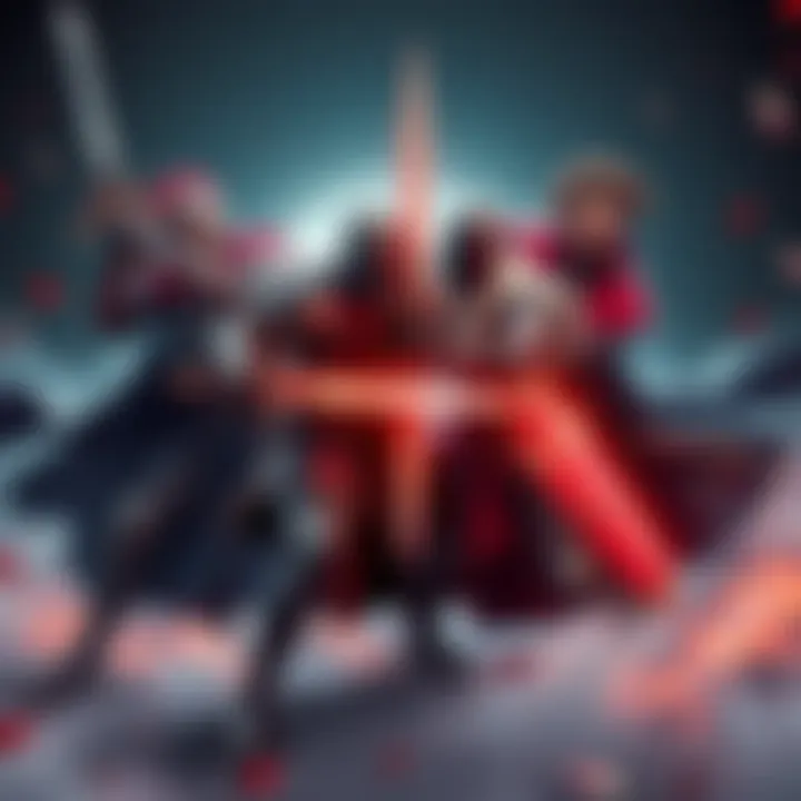Four knights engaged in a fierce battle against the Seven Deadly Sins, showcasing their unique fighting styles and strategies.