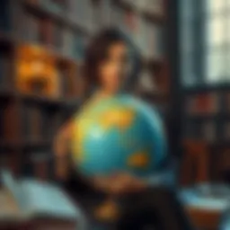 A woman sitting in a library, surrounded by books, holding a globe, symbolizing vast knowledge and understanding.