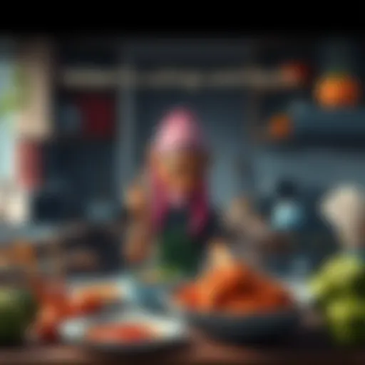 Kobeni skillfully prepares various bugs and devil-themed dishes in her kitchen, surrounded by cooking tools and ingredients.