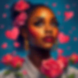 Kobeni's Dating Journey Kobeni reflecting on her past relationships with a thoughtful expression, surrounded by symbols of love like hearts and roses.