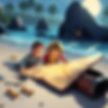 Koby and Helmeppo searching for treasure on a beach, surrounded by clues and a treasure map.