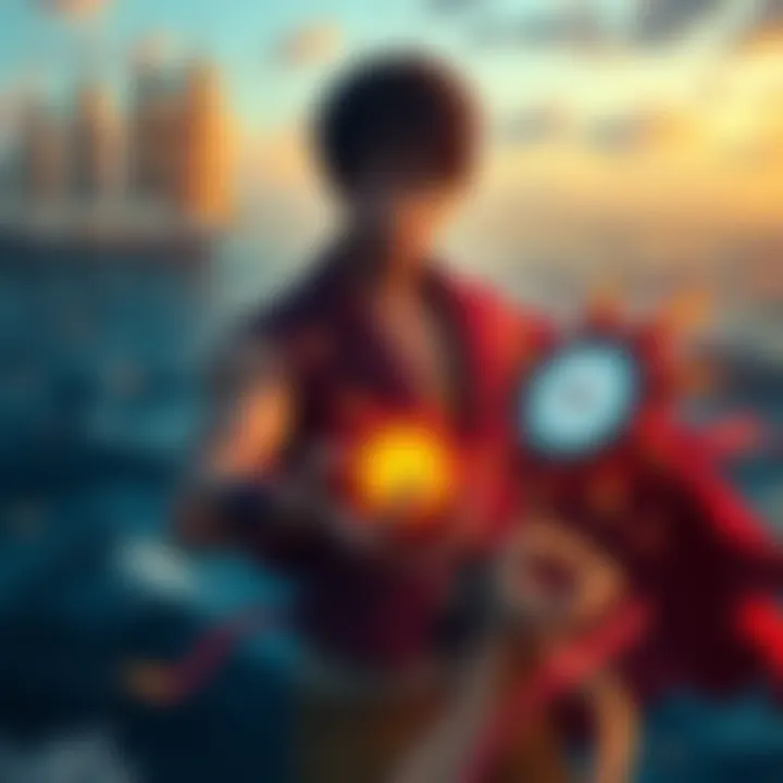 Koby the Hero, a Marine Captain from One Piece, holding a glowing Devil Fruit over the ocean with a determined look.