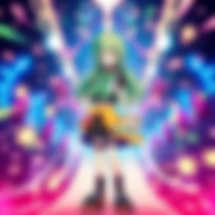 Koishi, a character known for her vibrant design, stands confidently in a colorful gaming arena, urging fans to join her in exciting danmaku battles. Bright bullets and flashy effects surround her, showcasing the thrill of competitive gaming.