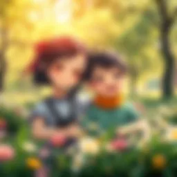 Koishi smiling with her new friend, enjoying a sunny day in a park filled with flowers and trees.