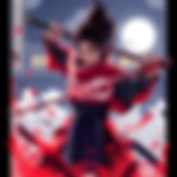 A digital illustration showing Kojiro in an action pose, showcasing his skills and attributes in a modern setting.