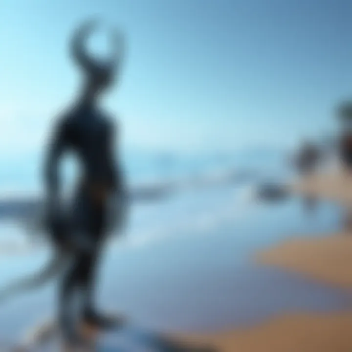 Kol, a Viper Faunus, standing hesitantly by the beach, looking at the water with a prosthetic for swimming, and showing concern about the sand.