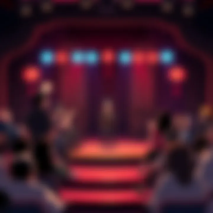 A group of comedians performing on stage in Konoha, entertaining a lively audience with laughter and joy