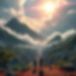 Konoha Village Focus A view of Konoha village surrounded by mountains, with clouds above and characters standing in the foreground, looking out towards the horizon.