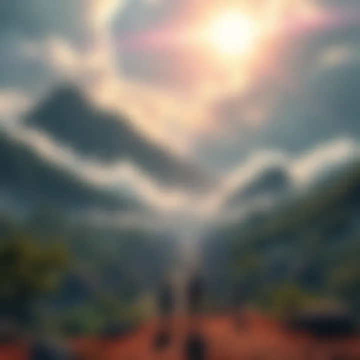 Konoha Village Focus A view of Konoha village surrounded by mountains, with clouds above and characters standing in the foreground, looking out towards the horizon.