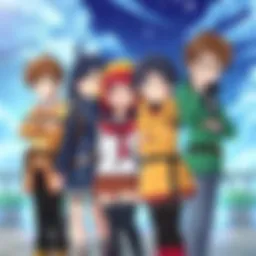 Konosuba Anime Characters Main characters from Konosuba posing together with cheerful expressions in a fantasy setting