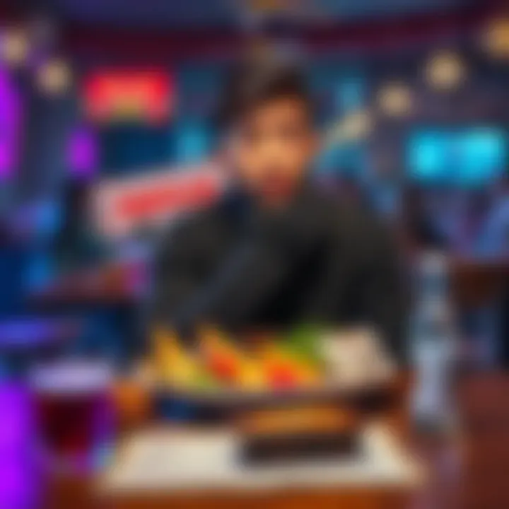 Korone sitting at a table with a delicious meal, looking surprised with a canceled stream sign in the background