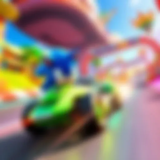 A colorful scene featuring Korone driving a racing car in a vibrant racing environment from Sonic Racing Crossworlds.