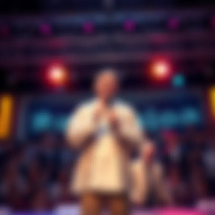 Koseki Bijou stands on stage, smiling and holding a microphone, with an audience laughing in the background.