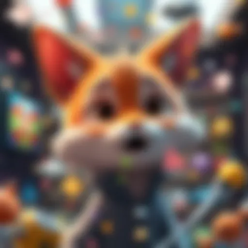A cartoon character named Kota looking surprised at a colorful photo, with playful chaos around them.