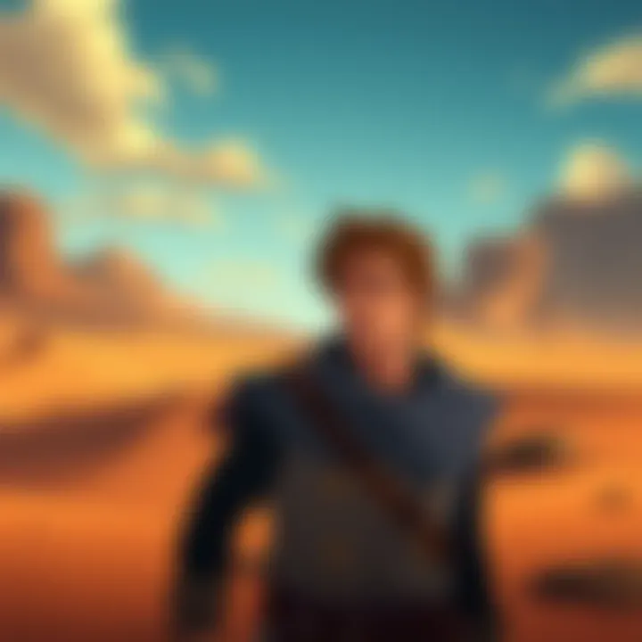 A scene of Koza, a character from Alabasta, looking thoughtful while surrounded by a desert landscape, highlighting his role in the story.