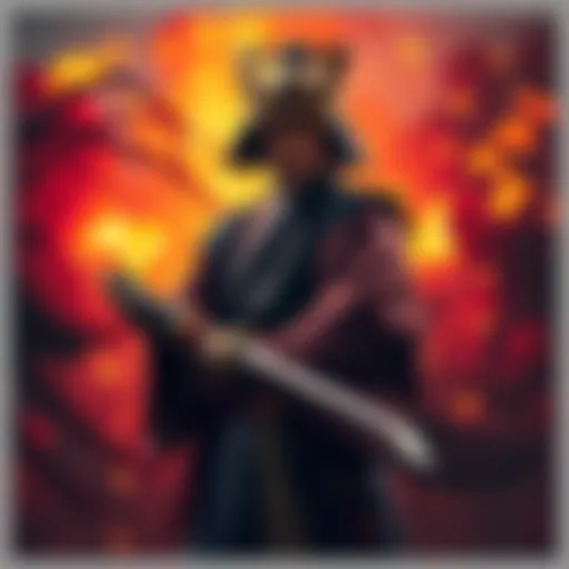 Kozuki Oden stands confidently with his sword, dressed in traditional samurai attire, against a fiery background.