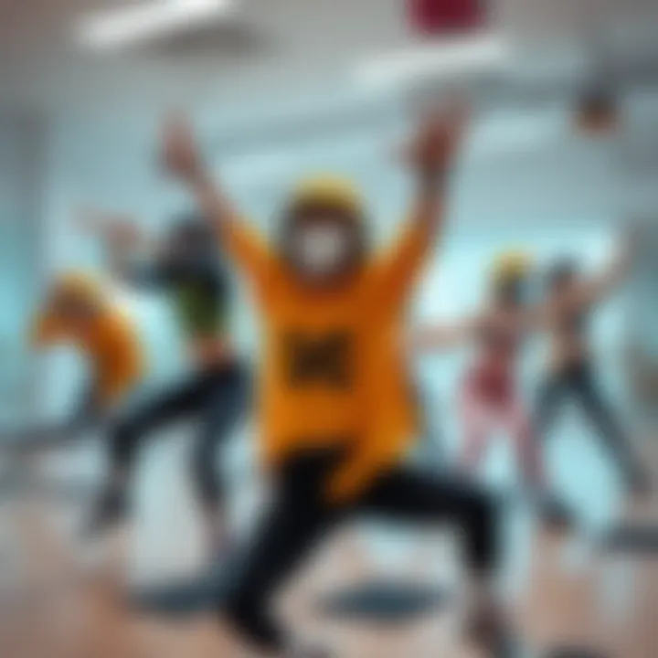 A group of Kpop dancers wearing protective gear while practicing in a bright studio, showcasing their moves with enthusiasm.