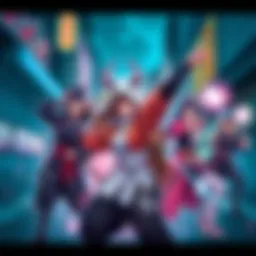 A group of K-Pop styled characters with sorcerer outfits, showcasing unique abilities in a colorful urban setting, inspired by anime aesthetics.