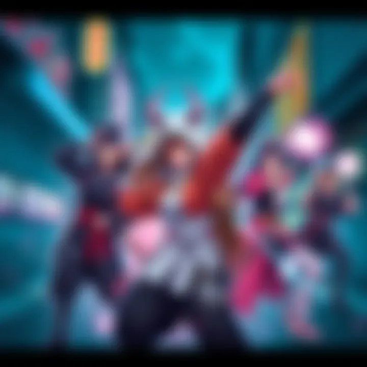 A group of K-Pop styled characters with sorcerer outfits, showcasing unique abilities in a colorful urban setting, inspired by anime aesthetics.