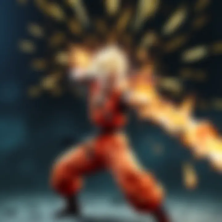 Krillin in a fighting stance, preparing to throw a rock and execute the Kamehameha move during combat