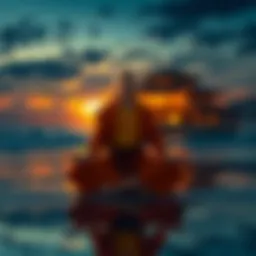 A person dressed as Krillin meditates peacefully on the beach near Kame House, reflecting on strength and calmness.