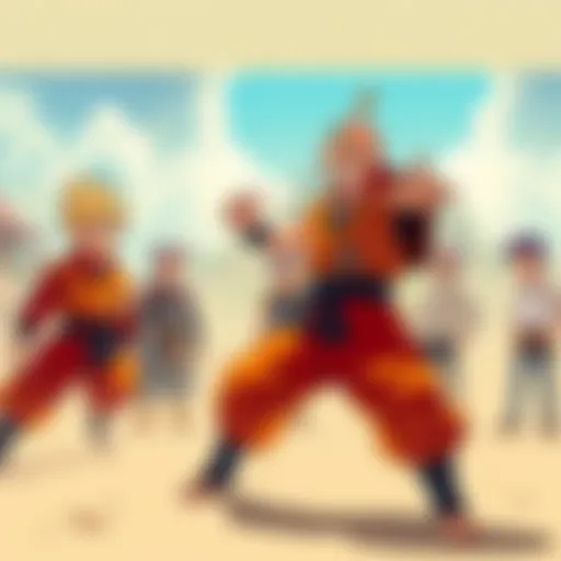 Krillin demonstrates fighting techniques to a group of eager students, while Trunks watches with a smirk.