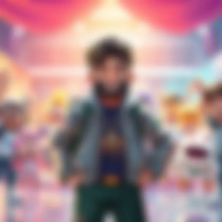 Kronii stands confidently with a playful smile, wearing casual attire that reflects his unique style, surrounded by Hololive characters who cheer him on, creating a lively atmosphere.