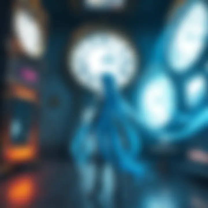 Kronii, a character with shimmering blue hair, stands in a room surrounded by clocks and swirling time portals, ready for an adventure.