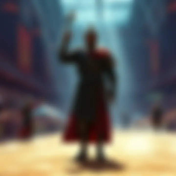 Kublai Khan stands confidently in the arena as a new fighter prepares to enter the competition, energizing the crowd