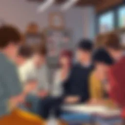 Kubo surrounded by manga assistants in a friendly studio environment, sharing ideas and sketches