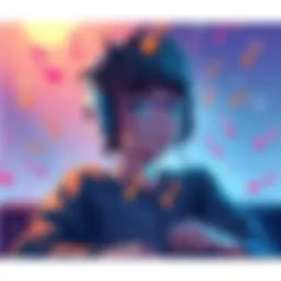 A character named Kuga enjoying music with headphones on, reflecting a relaxed vibe while surrounded by musical notes.